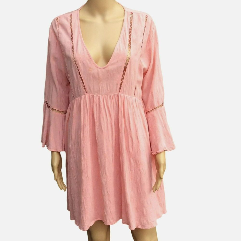 Umgee Size Large Mini Dress Pink Bell Sleeves Oversize‎ Beachy Boho Fairy Flowy